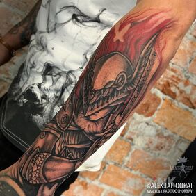 Tattoo Malenia Elden Ring on the forearm motif: black and gray style: realistic