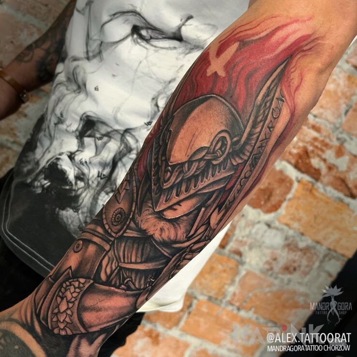 Tattoo Malenia Elden Ring in black and gray motif and realistic style on the forearm