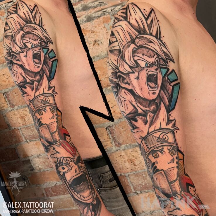 Tattoo Goku Naruto Ichigo in characters motif and graphic / illustrative style On the arm