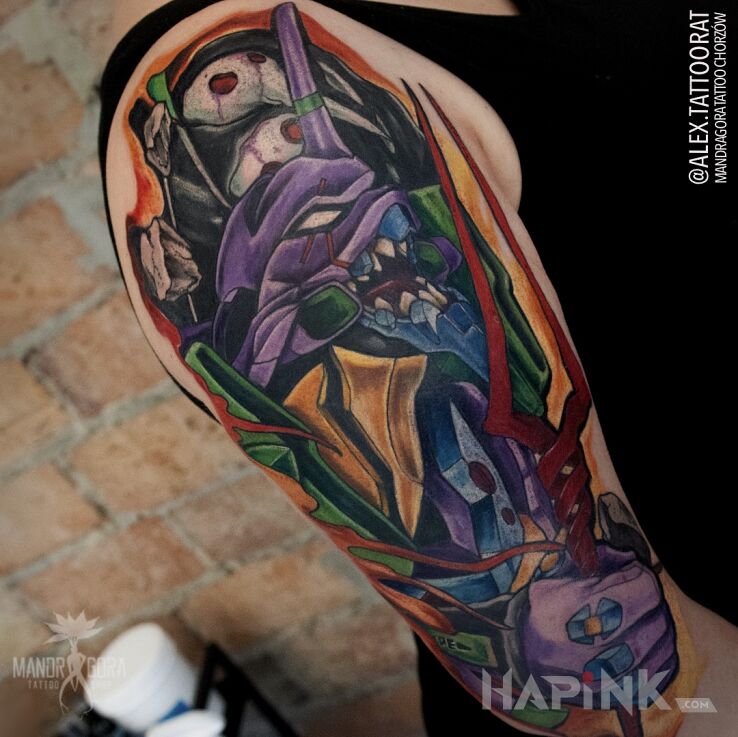 Tattoo Evangelion in colorful motif and cartoon / comic book style on the upper arm
