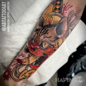 Tattoo Hannya Cat On the arm motif: colorful style: neo-traditional