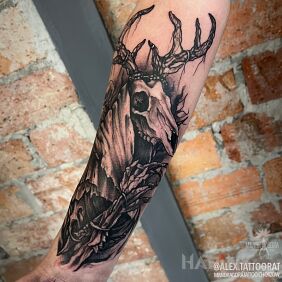 Tattoo Leshy on the forearm motif: characters style: realistic