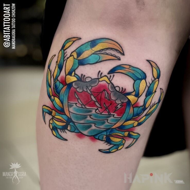 Tattoo Krab in animals motif and oldschool style on the leg