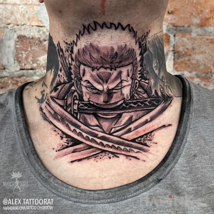 Tattoo Zoro one piece in manga / anime motif and graphic / illustrative style on the throat