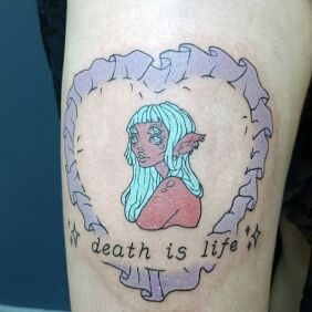 Tattoo Fairy in a harped heart thigh tattoo on the leg motif: fantasy style: graphic / illustrative