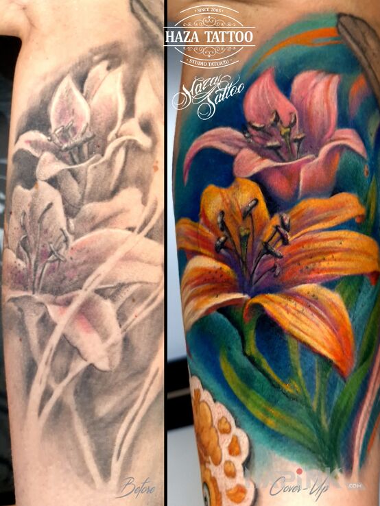 Tattoo Full color tattoo flowers cover in floral motif and realistic style On the arm