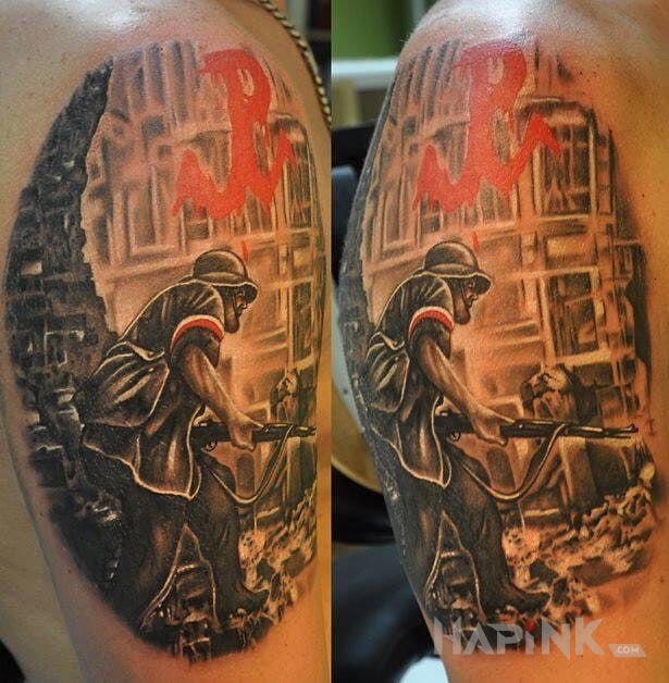 Tattoo Warszawa in patriotic motif on the upper arm