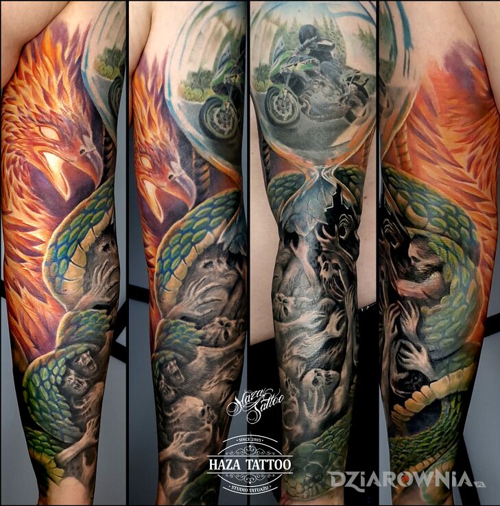 Tatuaż feniks motor wąż tatuaż w motywie rękawy i stylu realistyczne na przedramieniu