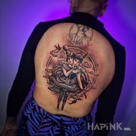 Tattoo Siamese twins back tattoo on the back motif: black and gray style: graphic / illustrative