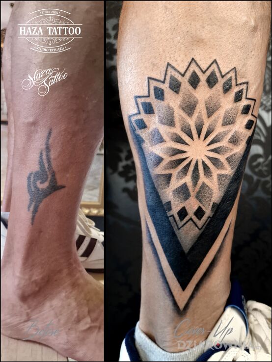 Tatuaż cover up noga w motywie ornamenty i stylu geometryczne na nodze