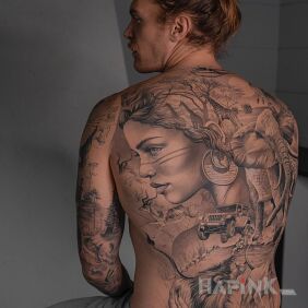 Tattoo Safari trip on the back motif: faces style: realistic