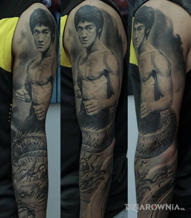 Tatuaż legenda kung fu w motywie 3D i stylu realistyczne na ramieniu