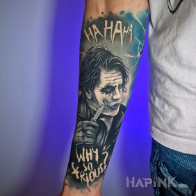 Tattoo Joker on the forearm, why so serious tattoo On the arm motif: faces style: realistic