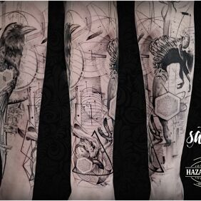 Tattoo Raven rabbit geometry tattoo on the forearm motif: black and gray style: graphic / illustrative
