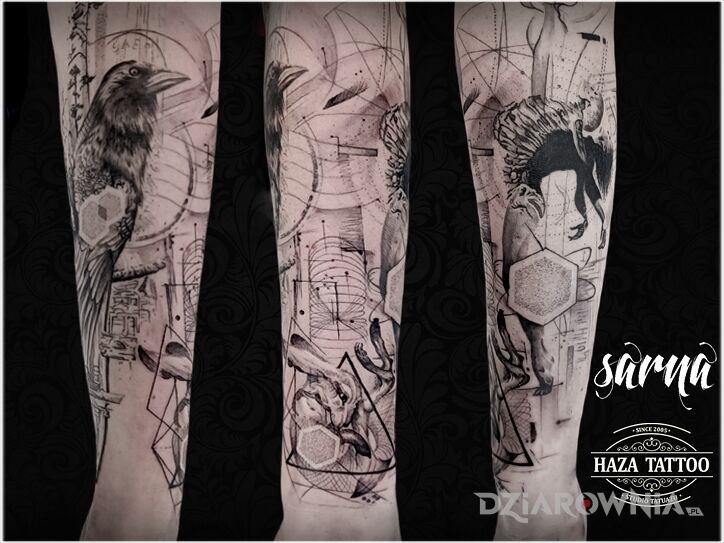Tatuaż kruk królik geometria tatuaż w motywie czarno-szare i stylu dotwork na przedramieniu