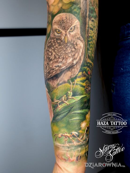 Tatuaż sowa las tatuaż w motywie florystyczne i stylu realistyczne na przedramieniu