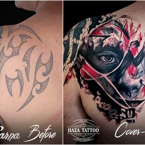 Tattoo Face tattoo cover on the shoulder blades motif: colorful style: trash polka