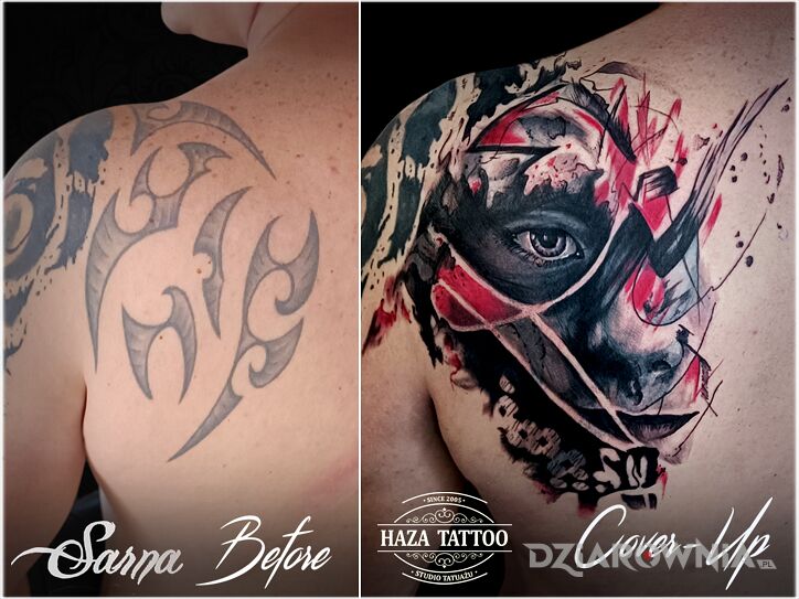 Tatuaż cover twarz tatuaż w motywie twarze i stylu realistyczne na obojczyku