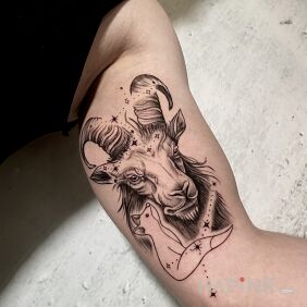 Tattoo Goat in the constellation On the arm motif: black and gray style: realistic