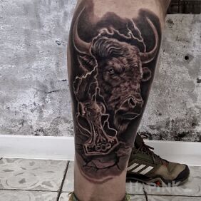 Tattoo Mythology on the calf! on the leg motif: black and gray style: realistic