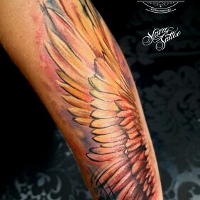 Tattoo Colorful wing tattoo On the arm motif: wings style: Watercolor