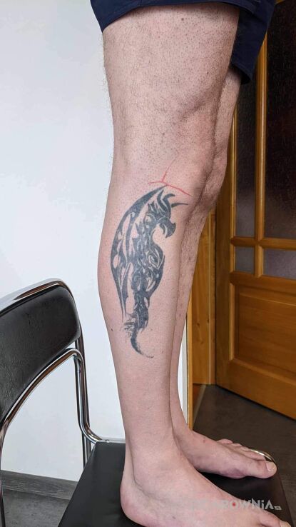 Tatuaż cover w motywie czarno-szare na łydce