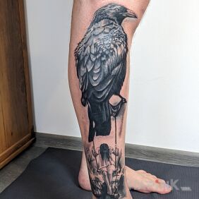 Tattoo Cover on the leg motif: characters style: realistic