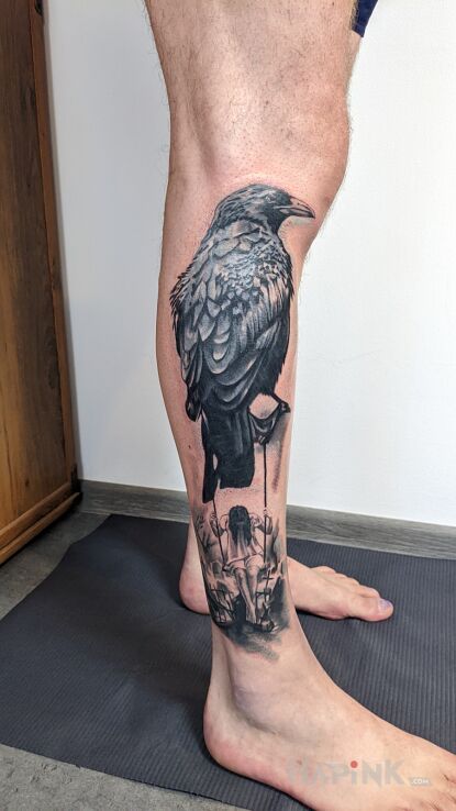 Tattoo Cover in characters motif and realistic style on the calf