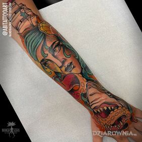 Tatuaż Morski rękaw na ręce motyw: twarze styl: neotradycyjne