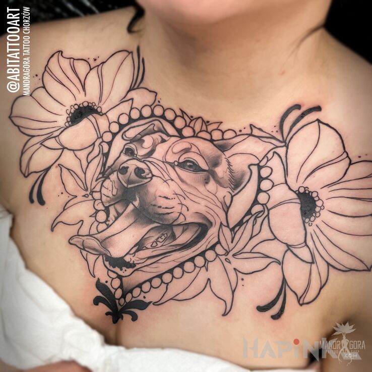 Tattoo Portret psiaka in flowers motif and contour / linework style on the breast