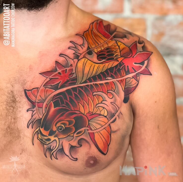 Tattoo Karp koi in animals motif and neo-traditional style on the shoulder
