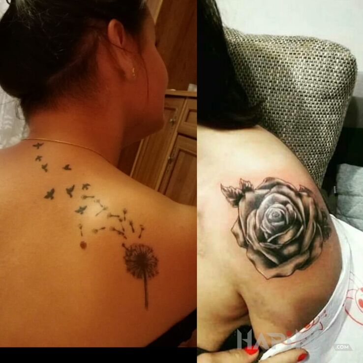 Tattoo Początek in flowers motif on the upper arm