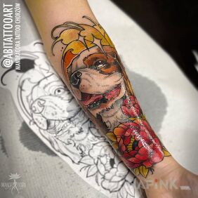 Tattoo Puppy portrait on the forearm motif: flowers style: neo-traditional