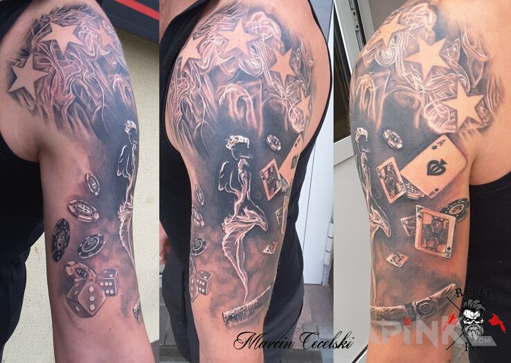 Tattoo Poker in 3D motif and realistic style on the upper arm