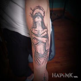 Tattoo Santa madonna On the arm motif: black and gray style: sketch