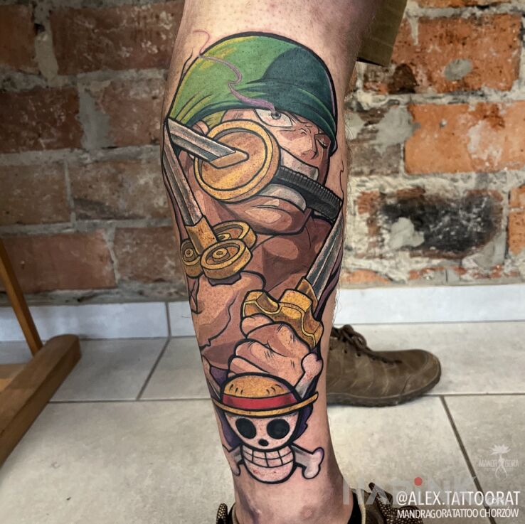Tattoo Zoro Roronoa in characters motif and cartoon / comic book style on the leg