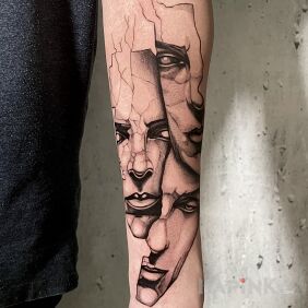 Tattoo 3 faces! on the forearm motif: black and gray style: graphic / illustrative