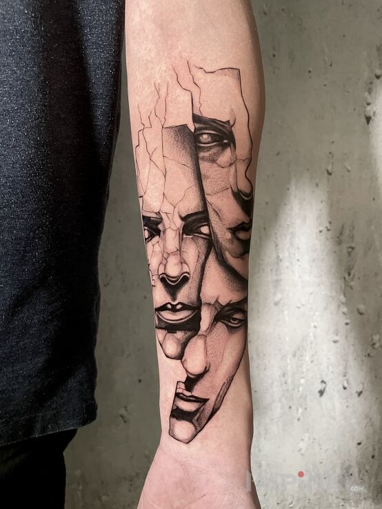 Tattoo 3 twarze! in black and gray motif and graphic / illustrative style On the arm