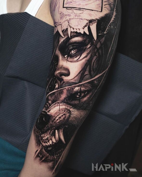 Tattoo Dzika strona kobiety in faces motif and realistic style on the forearm