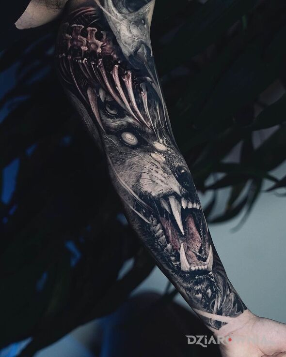 Tatuaż piekielny wilczur w motywie czarno-szare i stylu realistyczne na ręce