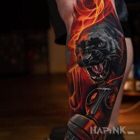 Tattoo Black panther on the leg motif: objects style: realistic