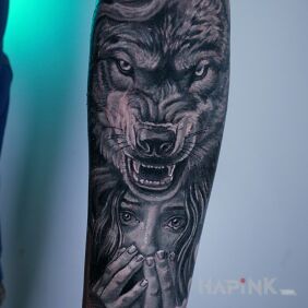 Tattoo Wolf and woman on the forearm motif: faces style: realistic