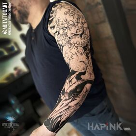 Tattoo Sleeve continuation on the forearm motif: black and gray style: japanese / irezumi