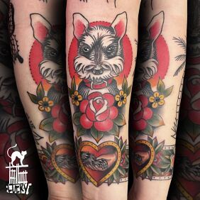 Tattoo Man's best friend on the forearm motif: flowers style: oldschool