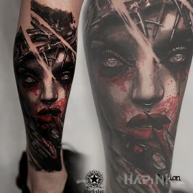 Tattoo Vampiress. on the calf motif: black and gray style: realistic