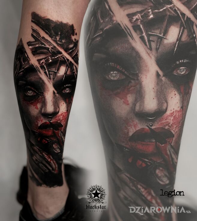 Tatuaż wampirzyca w motywie mroczne i stylu realistyczne na łydce