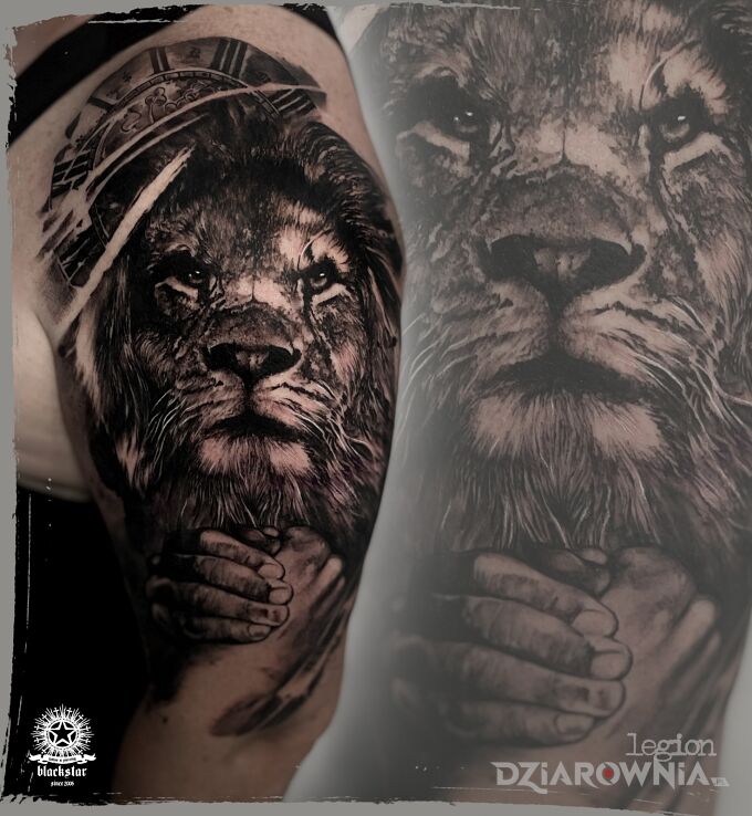 Tatuaż lew i rodzina w motywie zwierzęta i stylu realistyczne na ramieniu