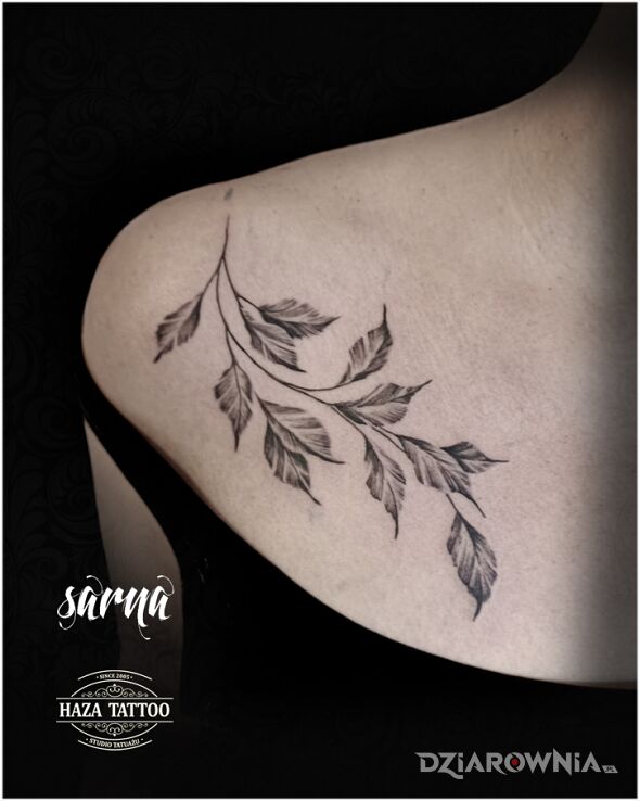 Tatuaż gałązka liście tatuaż w motywie czarno-szare i stylu graficzne / ilustracyjne na przedramieniu
