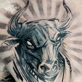 Tattoo Bull cover tattoo on the upper arm motif: animals style: sketch
