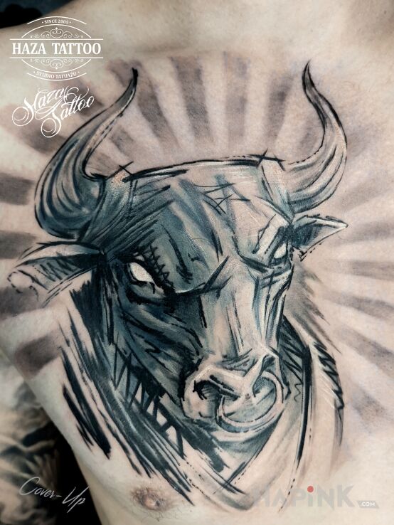 Tattoo Bull cover tattoo in black and gray motif and sketch style On the arm